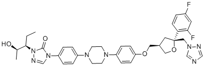 structure of CAS# 170985-61-2, Posaconazole Impurity 31;4-(4-(4-(4-(((3R,5R)-5-((1H-1,2,4-triazol-1-yl)Methyl)-5-(2,4-difluorophenyl)tetrahydrofuran-3-yl)Methoxy)phenyl)piperazin-1-yl)phenyl)-1-((2R,3R)-2-hydroxypentan-3-yl)-1H-1,2,4-triazol-5(4H)-one