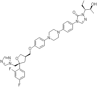 structure of CAS# 171228-49-2, Posaconazole;4-[4-[4-[4-[[(3R,5R)-5-(2,4-Difluorophenyl)-5-(1,2,4-triazol-1-ylmethyl)oxolan-3-yl]methoxy]phenyl]piperazin-1-yl]phenyl]-2-[(2S,3S)-2-hydroxypentan-3-yl]-1,2,4-triazol-3-one