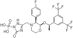 structure of CAS# 172673-20-0, Fosaprepitant;[3-[[(2R,3S)-2-[(1R)-1-[3,5-Bis(trifluoromethyl)phenyl]ethoxy]-3-(4-fluorophenyl)-4-morpholinyl]methyl]-2,5-dihydro-5-oxo-1H-1,2,4-triazol-1-yl]phosphonic acid