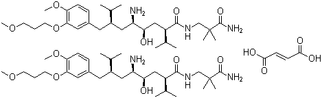 结构式 CAS# 173334-58-2, 阿利克仑半富马酸盐; (2S,4S,5S,7S)-5-氨基-N-(2-氨基甲酰基-2-甲基丙基)-4-羟基-2-异丙基-7-[4-甲氧基-3-(3-甲氧基丙氧基)苄基]-8-甲基壬酰胺半富马酸盐