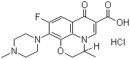 结构式 CAS# 177325-13-2, 左氧氟沙星盐酸盐; (3S)-(-)-9-氟-2,3-二氢-3-甲基-10-(4-甲基-1-哌嗪基)-7-氧-7H-吡啶并[1,2,3-de]-[1,4]苯并噁嗪-6-羧酸盐酸盐