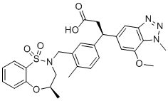 structure of CAS# 1799974-69-8, KI696 isomer;(3R)-3-(7-methoxy-1-methylbenzotriazol-5-yl)-3-[4-methyl-3-[[(4R)-4-methyl-1,1-dioxo-3,4-dihydro-5,1?6,2-benzoxathiazepin-2-yl]methyl]phenyl]propanoic acid