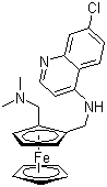 structure of CAS# 185055-67-8, Ferrochloroquine;Ferroquine; SSR 97193; 7-Chloro-4-(((2-((dimethylamino)methyl)ferrocenyl)methyl)amino)quinoline