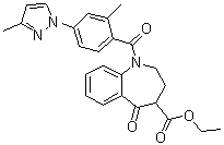 structure of CAS# 1888294-91-4, 2,3,4,5-Tetrahydro-1-[2-methyl-4-(3-methyl-1H-pyrazol-1-yl)benzoyl]-5-oxo-1H-1-benzazepine-4-carboxylic acid ethyl ester