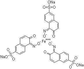 structure of CAS# 19381-50-1, Acid Green 1;C.I. 10020; Trisodium tris[5,6-dihydro-5-(hydroxyimino)-6-oxo-2-naphthalenesulfonato(2-)-N5,O6]-ferrate(III)