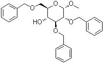 structure of CAS# 19488-48-3, Methyl 2,3,6-tri-O-benzyl-alpha-D-glucopyranoside;Methyl 2,3,6-tris-O-(phenylmethyl)-alpha-D-glucopyranoside