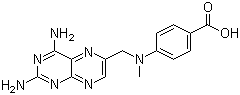 structure of CAS# 19741-14-1, 4-Amino-4-deoxy-10-methylpteroic acid;4-Amino-4-deoxy-N10-methylpteroic acid; 4-Amino-4-deoxy-N10-methylpteroic acid; 4-Deoxy-4-amino-N10-methylpteroic acid; NSC 131463; NSC 133723; p-[[(2,4-Diamino-6-pteridinyl)methyl]methylamino]benzoic acid