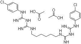 structure of CAS# 206986-79-0, Chlorhexidine diacetate;2-[N'-[6-[[Amino-[[amino-[(4-chlorophenyl)amino]methylidene]amino]methylidene]amino]hexyl]carbamimidoyl]-1-(4-chlorophenyl)guanidine diacetate