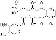 structure of CAS# 20830-81-3, Daunorubicin;Daunomycin; (8S-cis)-8-Acetyl-10-[(3-amino-2,3,6-trideoxy-alpha-L-lyxo-hexopyranosyl)oxy]-7,8,9,10-tetrahydro-6,8,11-trihydroxy-1-methoxy-5,12-naphthacenedione