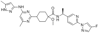 structure of CAS# 2097132-94-8, Pralsetinib;N-[(1S)-1-[6-(4-fluoropyrazol-1-yl)pyridin-3-yl]ethyl]-1-methoxy-4-[4-methyl-6-[(5-methyl-1H-pyrazol-3-yl)amino]pyrimidin-2-yl]cyclohexane-1-carboxamide