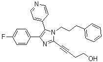 structure of CAS# 215303-72-3, JNJ 3026582;RWJ 67657; 4-(4-Fluorophenyl)-2-(4-hydroxy-1-butynyl)-1-(3-phenylpropyl)-5-(4-pyridyl)imidazole