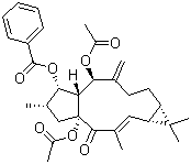 structure of CAS# 218916-52-0, 5,15-Diacetyl-3-benzoyllathyrol;(1aR,2E,4aR,6S,7S,7aR,8R,11aS)-4a,8-Bis(acetyloxy)-7-(benzoyloxy)-1,1a,4a,5,6,7,7a,8,9,10,11,11a-dodecahydro-1,1,3,6-tetramethyl-9-methylene-4H-cyclopenta[a]cyclopropa[f]cycloundecen-4-one; Diacetyl Benzoyl Lathyrol; Euphorbia factor L3; Phytoclear EL-1