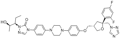 structure of CAS# 2243785-97-7, Posaconazole Enantiomer 1;4-(4-(4-(4-(((3S,5S)-5-((1H-1,2,4-triazol-1-yl)Methyl)-5-(2,4-difluorophenyl)tetrahydrofuran-3-yl)Methoxy)phenyl)piperazin-1-yl)phenyl)-1-((2R,3R)-2-hydroxypentan-3-yl)-1H-1,2,4-triazol-5(4H)-one