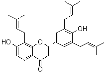 structure of CAS# 23057-55-8, (-)-Sophoranone;(2S)-2,3-Dihydro-7-hydroxy-2-[4-hydroxy-3,5-bis(3-methyl-2-buten-1-yl)phenyl]-8-(3-methyl-2-buten-1-yl)-4H-1-benzopyran-4-one