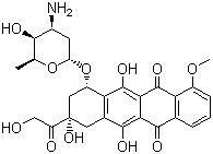 structure of CAS# 23214-92-8, Adriamycin;Doxorubicin; 10-((3-Amino-2,3,6-trideoxy-alpha-L-lyso-hexopyranosyl)oxy)-7,8,9,10-tetrahydro-6,8,11-trihydroxy-8-(hydroxyacetyl)-1-methoxy-5,12-naphthacenedione; (1S,3S)-3,5,12-Trihydroxy-3-(hydroxyacetyl)-10-methoxy-6,11-dioxo-1,2,3,4,6,11-hexahydrotetracen-1-yl 3-amino-2,3,6-trideoxy-alpha-L-lyxo-hexopyranoside