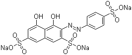 结构式 CAS# 23647-14-5, 对磺基苯偶氮变色酸三钠; 2-(4-磺基苯偶氮)-1,8-二羟基-3,6-萘二磺酸三钠
