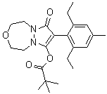 结构式 CAS# 243973-20-8, 唑啉草酯; 2,2-二甲基丙酸 8-(2,6-二乙基-4-甲基苯基)-1,2,4,5-四氢-7-氧代-7H-吡唑并[1,2-d][1,4,5]氧杂二氮杂卓-9-基酯