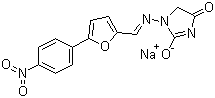 结构式 CAS# 24868-20-0, 丹曲林钠; 1-[[5-(4-硝基苯)-2-呋喃基]亚甲基氨基]-2,4-咪唑啉二酮钠盐