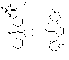 结构式 CAS# 253688-91-4, [1,3-双(2,4,6-三甲基苯基)-2-咪唑烷亚基](3-甲基-2-丁烯亚基)(三环己基膦)二氯化钌(II)