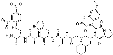 structure of CAS# 256394-94-2, 1-[(7-Methoxy-2-oxo-2H-1-benzopyran-4-yl)acetyl]-L-prolyl-3-cyclohexyl-L-alanylglycyl-L-norvalyl-L-histidyl-L-alanyl-3-[(2,4-dinitrophenyl)amino]-L-alaninamide