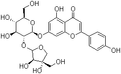 structure of CAS# 26544-34-3, Apiin;7-[(2-O-D-Apio-beta-D-furanosyl-beta-D-glucopyranosyl)oxy]-5-hydroxy-2-(4-hydroxyphenyl)-4H-1-benzopyran-4-one