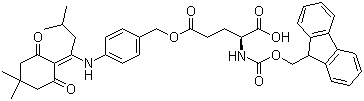 structure of CAS# 268730-86-5, Fmoc-Glu(odmab)-OH;N-[(9H-Fluoren-9-ylmethoxy)carbonyl]-L-glutamic acid 5-[[4-[[1-(4,4-dimethyl-2,6-dioxocyclohexylidene)-3-methylbutyl]amino]phenyl]methyl] ester