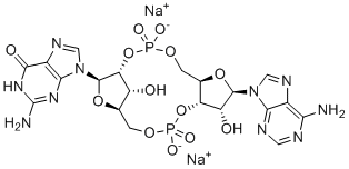 structure of CAS# 2734858-36-5, 2',3'-cGAMP sodium salt;Disodium 2-amino-9-[(1R,6R,8R,9R,10S,15R,17R,18R)-8-(6-aminopurin-9-yl)-9,18-dihydroxy-3,12-dioxido-3,12-dioxo-2,4,7,11,13,16-hexaoxa-3?5,12?5-diphosphatricyclo[13.2.1.06,10]octadecan-17-yl]-1H-purin-6-one