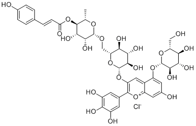 structure of CAS# 28463-30-1, Violanin;Nasunin;[(2S,3R,4S,5R,6S)-4,5-dihydroxy-2-methyl-6-[[(2R,3S,4S,5R,6S)-3,4,5-trihydroxy-6-[7-hydroxy-5-[(2S,3R,4S,5S,6R)-3,4,5-trihydroxy-6-(hydroxymethyl)oxan-2-yl]oxy-2-(3,4,5-trihydroxyphenyl)chromenylium-3-yl]oxyoxan-2-yl]methoxy]oxan-3-yl] (E)-3-(4-hydroxyphenyl)prop-2-enoate chloride
