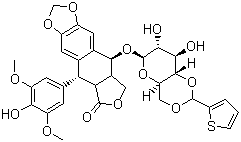 structure of CAS# 29767-20-2, Teniposide;VM-26; [5R-[5alpha,5abeta,8aalpha,9beta(R*)]]-5,8,8a,9-Tetrahydro-5-(4-hydroxy-3,5-dimethoxyphenyl)-9-[[4,6-O-(2-thienylmethylene)-beta-D-glucopyranosyl]oxy]-furo[3',4':6,7]naphtho[2,3-d]-1,3-dioxol-6(5aH)-one