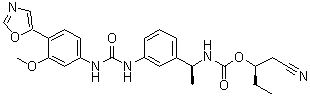 structure of CAS# 297730-17-7, [(1S)-1-[3-[[[[3-Methoxy-4-(5-oxazolyl)phenyl]amino]carbonyl]amino]phenyl]ethyl]carbamic acid (1R)-1-(cyanomethyl)propyl ester;AVN 944