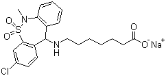 structure of CAS# 30123-17-2, Tianeptine sodium salt;Sodium 7-((3-chloro-6,11-dihydro-6-methyldibenzo(c,f)(1,2)thiazepin-11-yl)amino)heptanoate S,S-dioxide