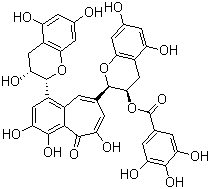 structure of CAS# 30462-34-1, Theaflavin 3-gallate;Theaflavin 2A; Theaflavin 3-O-gallate; Theaflavin 2; Theaflavin monogallate; Theaflavin monogallate A; 3,4,5-Trihydroxybenzoic acid (2R,3R)-2-[1-[(2R,3R)-3,4-dihydro-3,5,7-trihydroxy-2H-1-benzopyran-2-yl]-3,4,6-trihydroxy-5-oxo-5H-benzocyclohepten-8-yl]-3,4-dihydro-5,7-dihydroxy-2H-1-benzopyran-3-yl ester