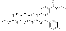 结构式 CAS# 306974-70-9, 1-(4-乙氧羰基苯基)-2-(4-氟苄基硫基)-5-(2-乙氧基-5-嘧啶基甲基)-4-嘧啶酮