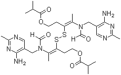 structure of CAS# 3286-46-2, Sulbutiamine;Arcalion; Bisibutiamine; [4-[(4-Amino-2-methylpyrimidin-5-yl)methylformylamino]-3-[2-[(4-amino-2-methylpyrimidin-5-yl)methylformylamino]-5-(2-methylpropanoyloxy)pent-2-en-3-yl]disulfanylpent-3-enyl] 2-methylpropanoate