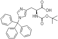 结构式 CAS# 32926-43-5, N-Boc-N'-三苯甲基-L-组氨酸; N-叔丁氧羰基-N'-三苯甲基-L-组氨酸