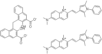 structure of CAS# 3546-41-6, Pyrvinium embonate;6-Dimethylamino-2-[2-(2,5-dimethyl-1-phenyl-3-pyrryl)vinyl]-1-methylquinolinium salt of 2,2'-dihydroxy-1,1'-dinaphthylmethane-3,3'-dicarboxylic acid; Alnoxin; Altolat; Molevac; NSC 223622; Neo-Oxypaat; Pamovin; Poquil; Povan; Povanil; Povanyl; Pyrcon; Pyrvinium embonate; Pyrvinium pamoate; Tolapin; Tru; Vanquin; Vermitibier; Viprynium embonate