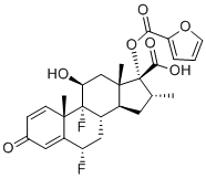 structure of CAS# 397864-63-0, Fluticasone Furoate Impurity A;(6S,8S,9R,10S,11S,13S,14S,16R,17R)-6,9-difluoro-17-((furan-2-carbonyl)oxy)-11-hydroxy-10,13,16-trimethyl-3-oxo-6,7,8,9,10,11,12,13,14,15,16,17-dodecahydro-3H-cyclopenta[a]phenanthrene-17-carboxylic acid