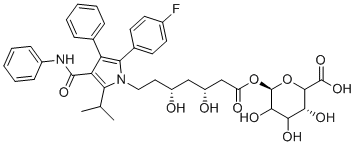 structure of CAS# 463962-58-5, 1-O-[(3R,5R)-7-{2-(4-Fluorophenyl)-4-[(Z)-hydroxy(phenylimino)methyl]-5-isopropyl-3-phenyl-1H-pyrrol-1-yl}-3,5-dihydroxyheptanoyl]-β-D-glucopyranuronic acid;(3R,6R)-6-[(3R,5R)-7-[2-(4-fluorophenyl)-3-phenyl-4-(phenylcarbamoyl)-5-propan-2-ylpyrrol-1-yl]-3,5-dihydroxyheptanoyl]oxy-3,4,5-trihydroxyoxane-2-carboxylic acid