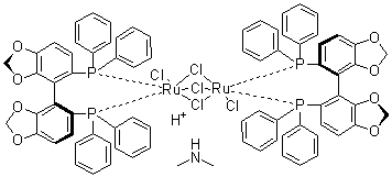 Dimethylammonium dichlorotri(mu-chloro)bis[(S)-(-)-5,5'-bis(diphenylphosphino)-4,4'-bi-1,3-benzodioxole]diruthenate(II) molecular structure (CAS 488809-34-3)