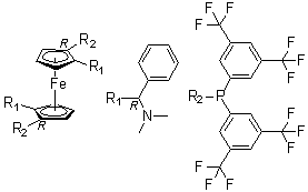 structure of CAS# 494227-36-0, (1R,1'R)-1,1'-Bis[bis[3,5-bis(trifluoromethyl)phenyl]phosphino]-2,2'-bis[(R)-(dimethylamino)phenylmethyl]ferrocene