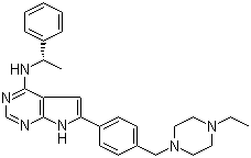 结构式 CAS# 497839-62-0, 6-[4-[(4-乙基-1-哌嗪)甲基]苯基]-N-[(1R)-1-苯基乙基]-7H-吡咯并[2,3-d]嘧啶-4-胺