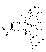 structure of CAS# 502964-52-5, (SP-5-41)-[1,3-Bis(2,4,6-trimethylphenyl)-2-imidazolidinylidene]dichloro[[2-(1-methylethoxy)-5-nitrophenyl]methylene]ruthenium;nitro-Grela