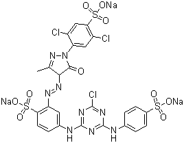 structure of CAS# 50662-99-2, Reactive Yellow 2;Kayacion Yellow P 5G Liquid 33; Procion Brilliant Yellow H 5G; 4-[[4-Chloro-6-[(4-sulfophenyl)amino]-1,3,5-triazin-2-yl]amino]-2-[2-[1-(2,5-dichloro-4-sulfophenyl)-4,5-dihydro-3-methyl-5-oxo-1H-pyrazol-4-yl]diazenyl]benzenesulfonic acid sodium salt