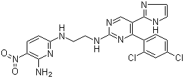 structure of CAS# 556813-39-9, N6-[2-[[4-(2,4-Dichlorophenyl)-5-(1H-imidazol-2-yl)-2-pyrimidinyl]amino]ethyl]-3-nitro-2,6-pyridinediamine;CHIR 98014