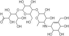 structure of CAS# 56180-94-0, Acarbose;Acarbose; Glucobay; (3R,4R,5S,6R)-5-[(2R,3R,4R,5S,6R)-5-[(2R,3R,4S,5S,6R)-3,4-dihydroxy-6-methyl-5-[[(1S,4R,5S,6S)-4,5,6-trihydroxy-3-(hydroxymethyl)cyclohex-2-en-1-yl]amino]oxan-2-yl]oxy-3,4-dihydroxy-6-(hydroxymethyl)oxan-2-yl]oxy-6-(hydroxymethyl)oxane-2,3,4-triol