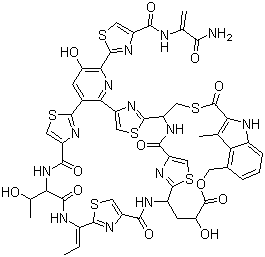 structure of CAS# 56377-79-8, Nosiheptide;N-[1-(Aminocarbonyl)ethenyl]-2-[(11S,14Z,21S,23S,29S)-14-ethylidene-9,10,11,12,13,14,19,20,21,22,23,24,26,33,35,36-hexadecahydro-3,23-dihydroxy-11-[(1R)-1-hydroxyethyl]-31-methyl-9,12,19,24,33,43-hexaoxo-30,32-imino-8,5:18,15:40,37-trinitrilo-21,36-([2,4]-endo-thiazolomethanimino)-5H,15H,37H-pyrido[3,2-w][2,11,21,27,31,7,14,17]benzoxatetrathiatriazacyclohexatriacontin-2-yl]-4-thiazolecarboxamide