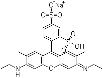 structure of CAS# 5873-16-5, Acid Red 50;Sulforhodamine G; Hydrogen 9-(2,4-disulphonatophenyl)-3,6-bis(ethylamino)-2,7-dimethylxanthylium monosodium salt
