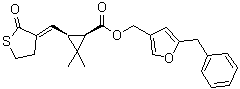 structure of CAS# 58769-20-3, Kadethrin;(1R,3S)-3-[(E)-(Dihydro-2-oxo-3(2H)-thienylidene)methyl]-2,2-dimethylcyclopropanecarboxylic acid [5-(phenylmethyl)-3-furanyl]methyl ester; 1R,cis-RU 15,525; ENT 29117; Kadethrin; RU 15525