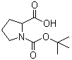 structure of CAS# 59433-50-0, Pyrrolidine-1,2-dicarboxylic acid 1-tert-butyl ester;(±)-N-(tert-Butoxycarbonyl)proline; 1-(tert-Butoxycarbonyl)pyrrolidine-2-carboxylic acid; 1-tert-Butyl 1,2-pyrrolidinedicarboxylate; N-(tert-Butoxycarbonyl)pyrrolidine-2-carboxylic acid; N-tert-Butoxycarbonyl-DL-proline; NSC 108689