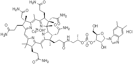 structure of CAS# 59461-30-2, Hydroxocobalamin monohydrochloride;Cobinamide hydroxide dihydrogen phosphate (ester), inner salt 3'-ester with 5,6-dimethyl-1-alpha-D-ribofuranosyl-1H-benzimidazole monohydrochloride